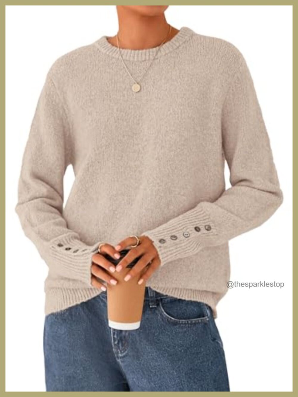 Women's Ribbed Knit Pullover Sweater Button Sleeve Crew Neck Casual